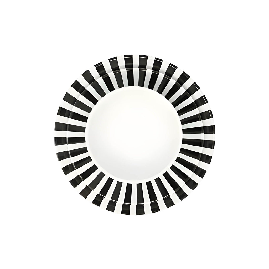 Black and White Starburst 12 piece starter set of melamine dinnerware, overhead view