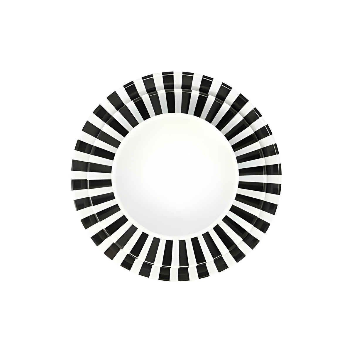 Black and White Starburst 12 piece starter set of melamine dinnerware, overhead view