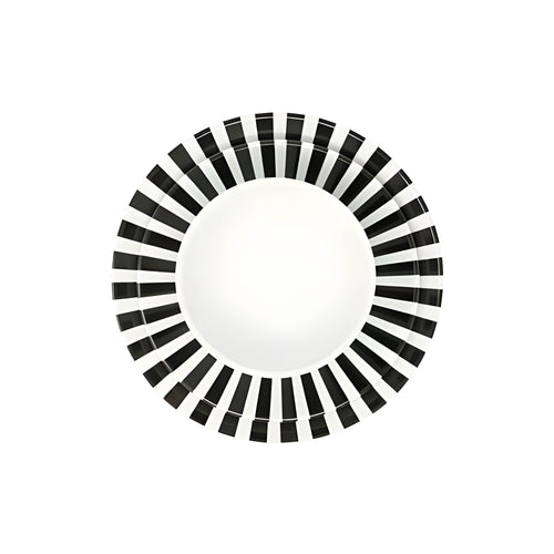 Black and White Starburst 12 piece starter set of melamine dinnerware, overhead view