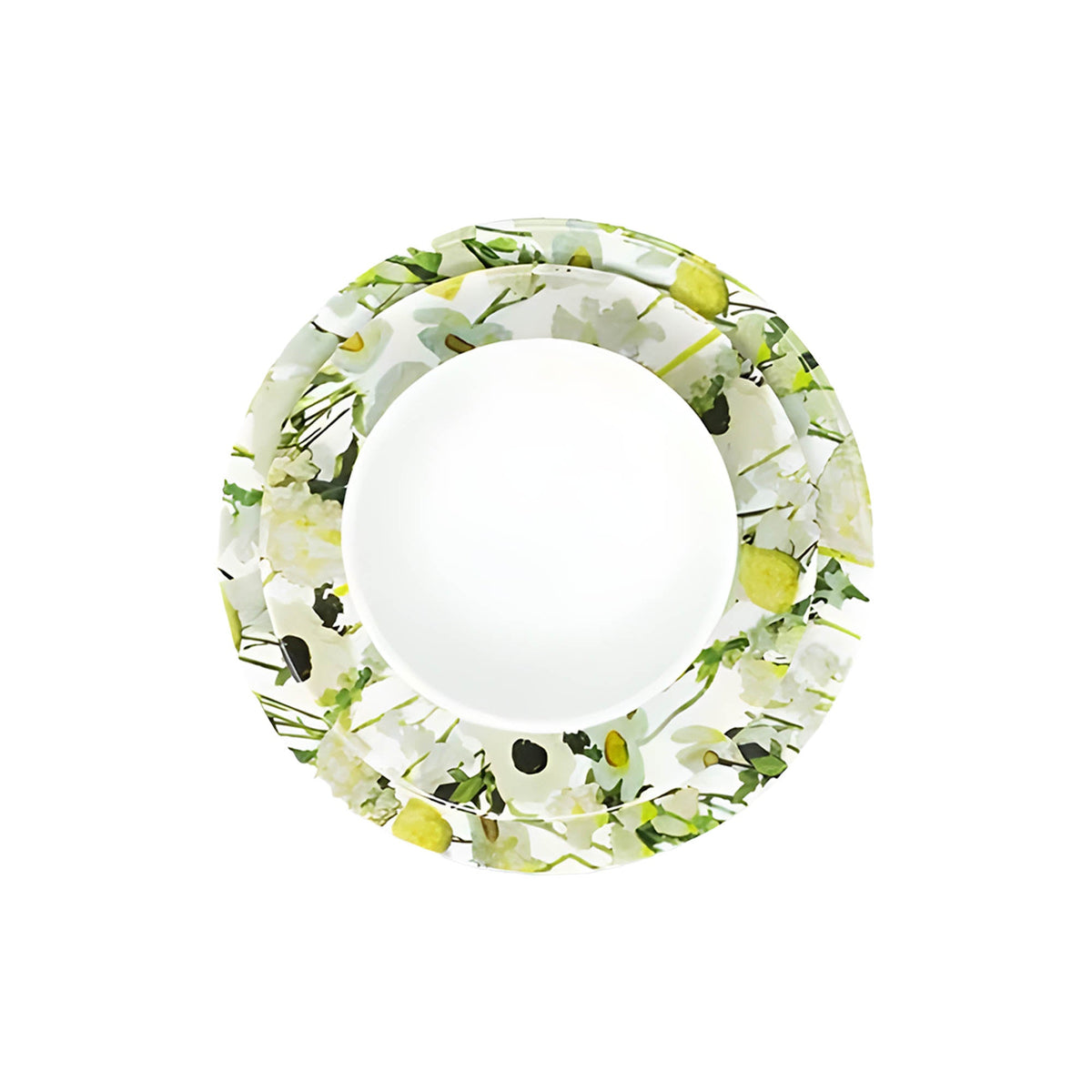 Cream Floral Garden 12 piece starter set of melamine dinnerware, overhead view