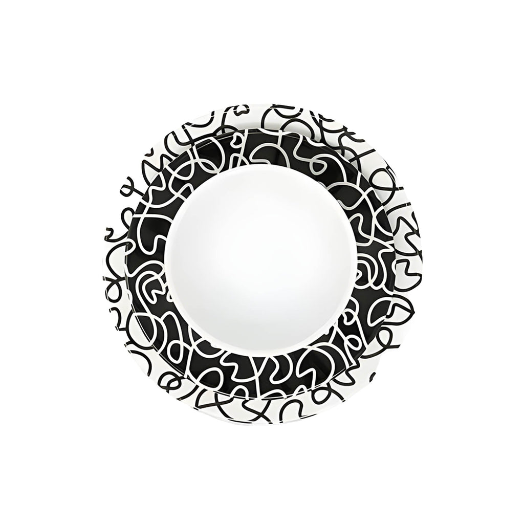 Black and White Squiggly 12 piece starter set of melamine dinnerware, overhead view