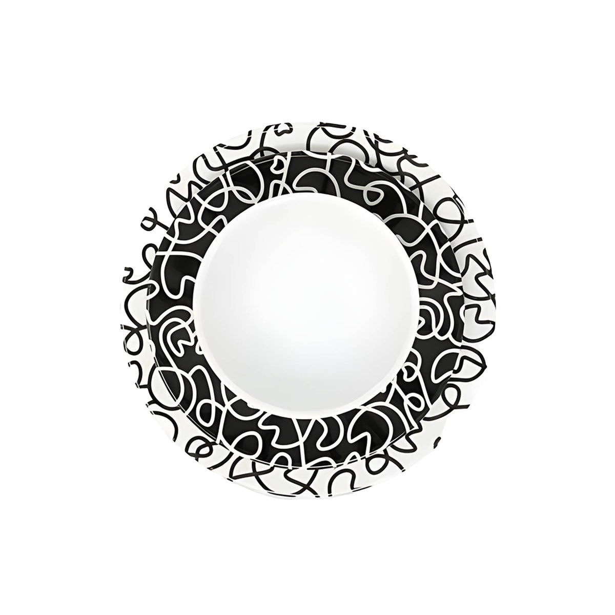 Black and White Squiggly 12 piece starter set of melamine dinnerware, overhead view