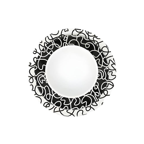 Black and White Squiggly 12 piece starter set of melamine dinnerware, overhead view
