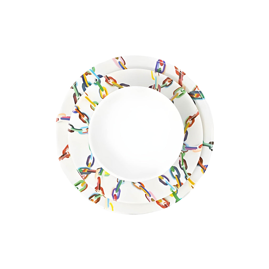 Large Chain Link 12 piece starter set of melamine dinnerware, overhead view
