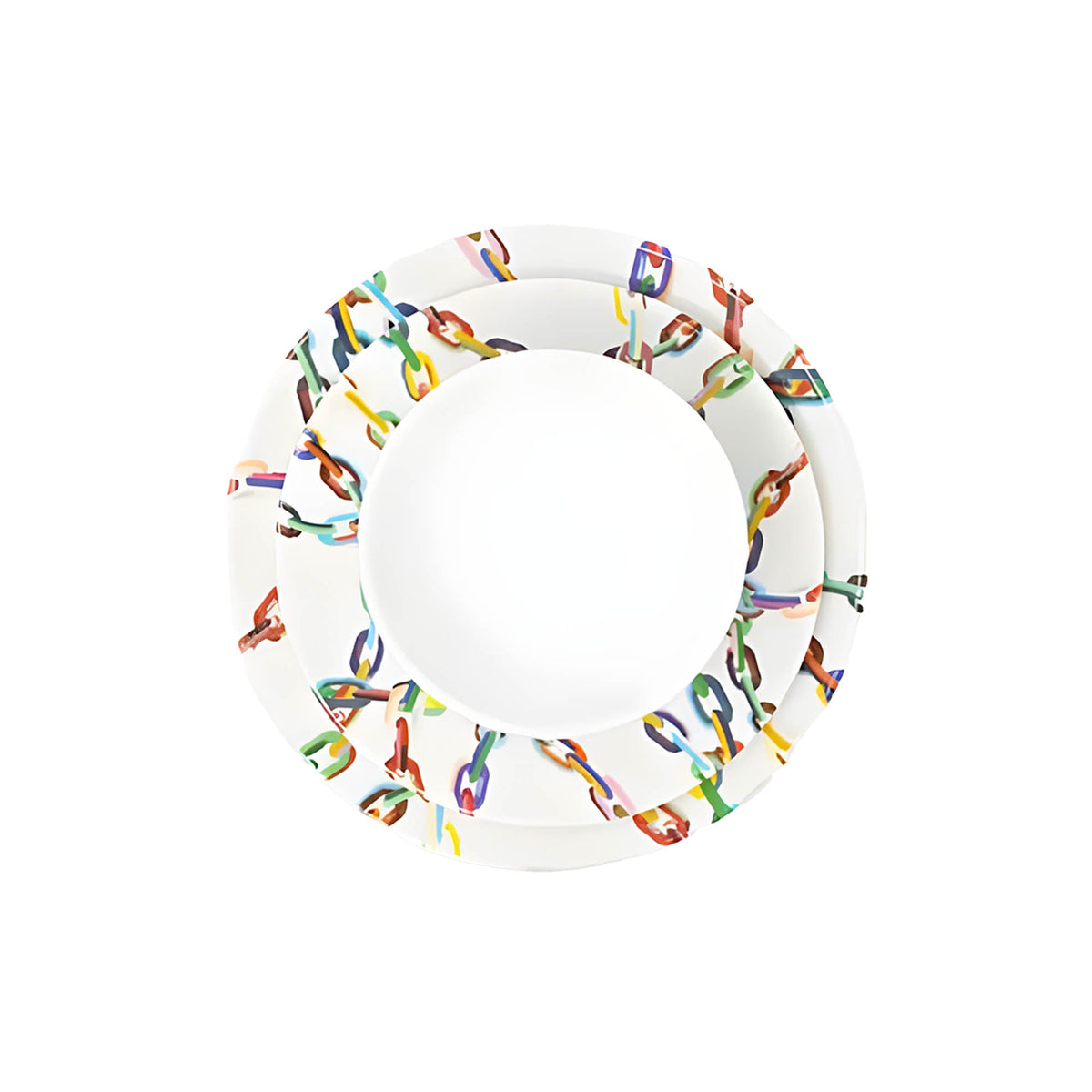 Large Chain Link 12 piece starter set of melamine dinnerware, overhead view