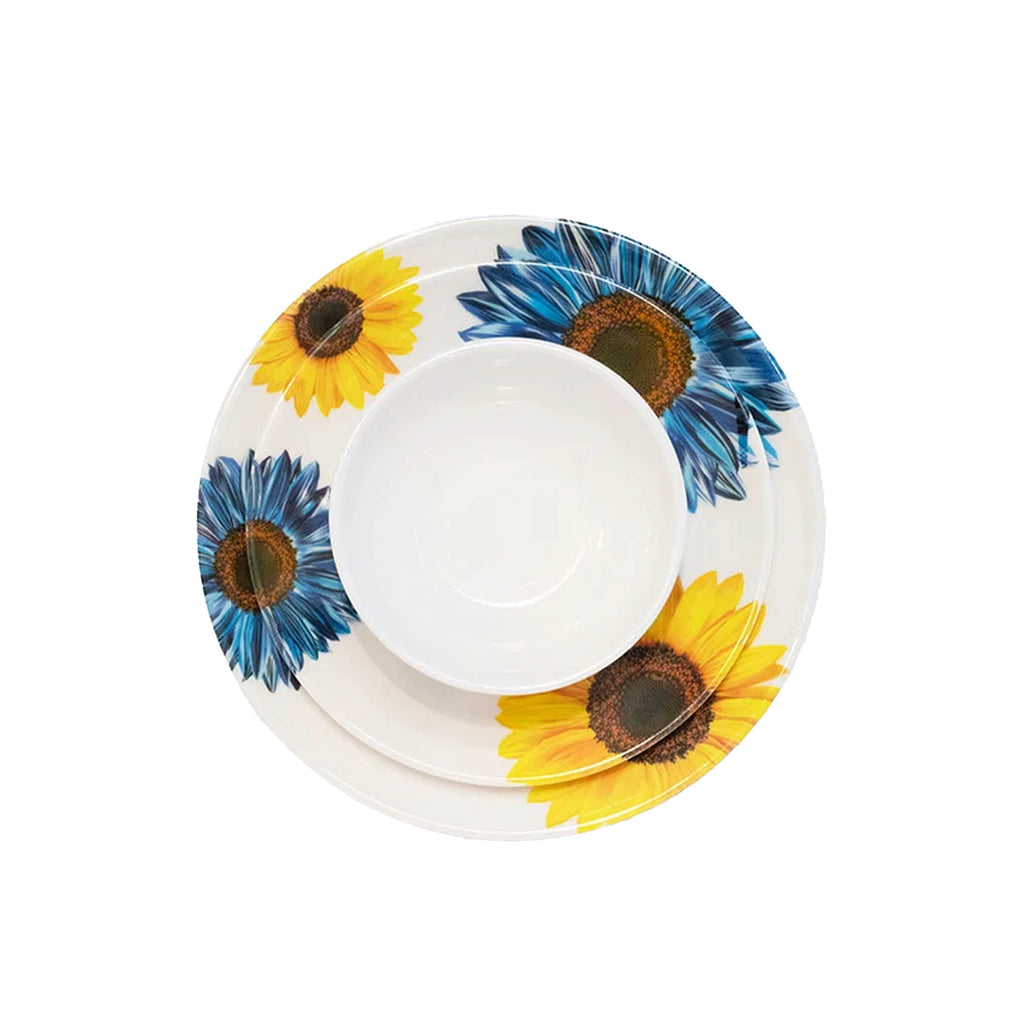 Blue Sunflower 12 piece starter set of melamine dinnerware, overhead view