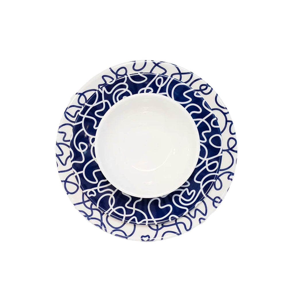 Navy Squiggly 12 piece starter set of melamine dinnerware, overhead view