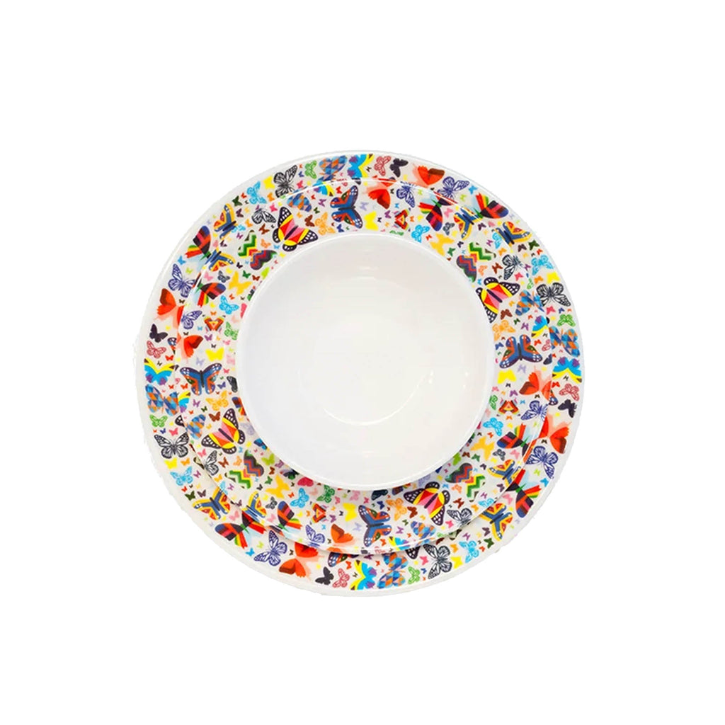 Multicolored Butterflies 12 piece starter set of melamine dinnerware, overhead view