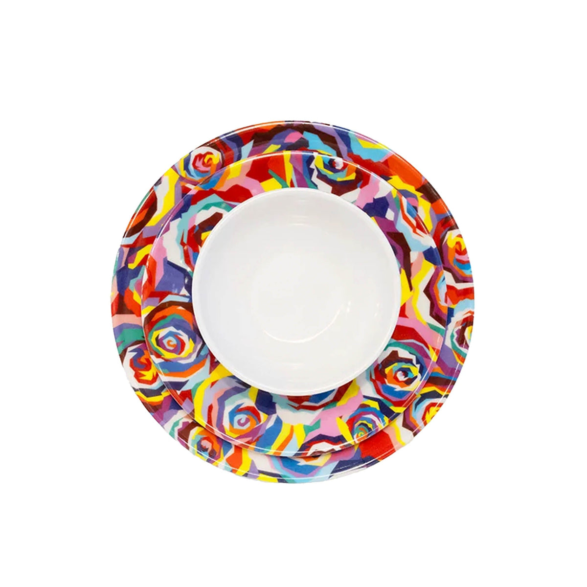 Multicolored Roses 12 piece starter set of melamine dinnerware, overhead view