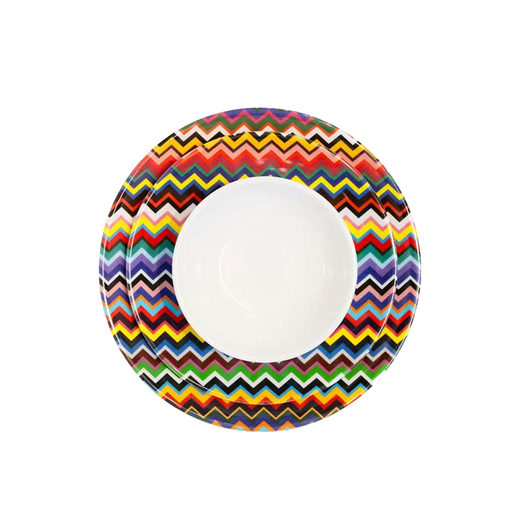Multicolored Zigzag 12 piece starter set of melamine dinnerware, overhead view