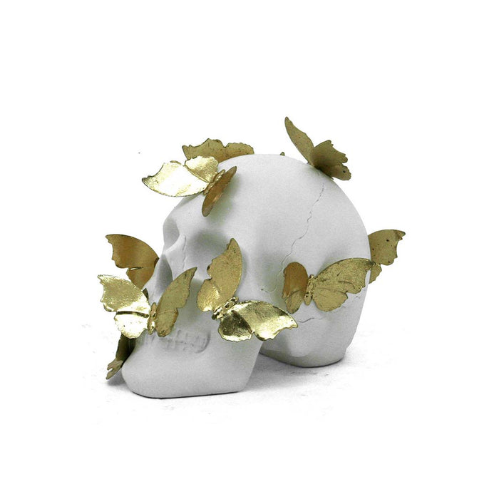 White Skull with Gold Metal Butterflies