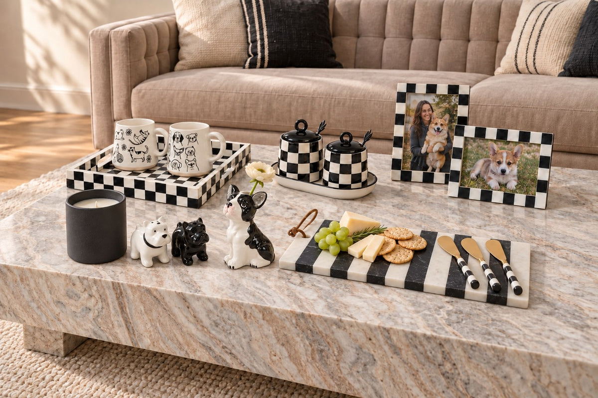 Dog lovers coffee table styled scene with checkerboard trays, bulldog figurines and striped board