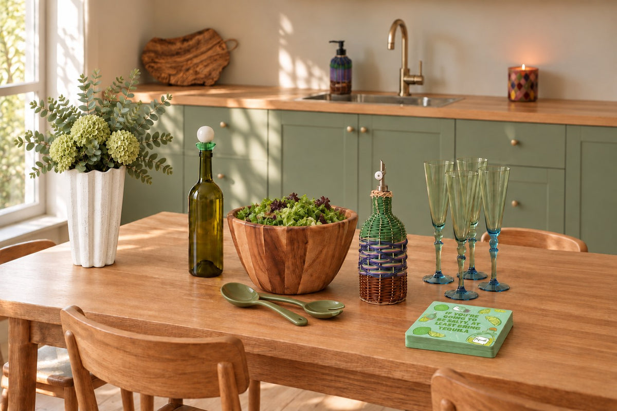 Green kitchenette styled scene with wood bowl, salad servers, stemware and woven oil pourer
