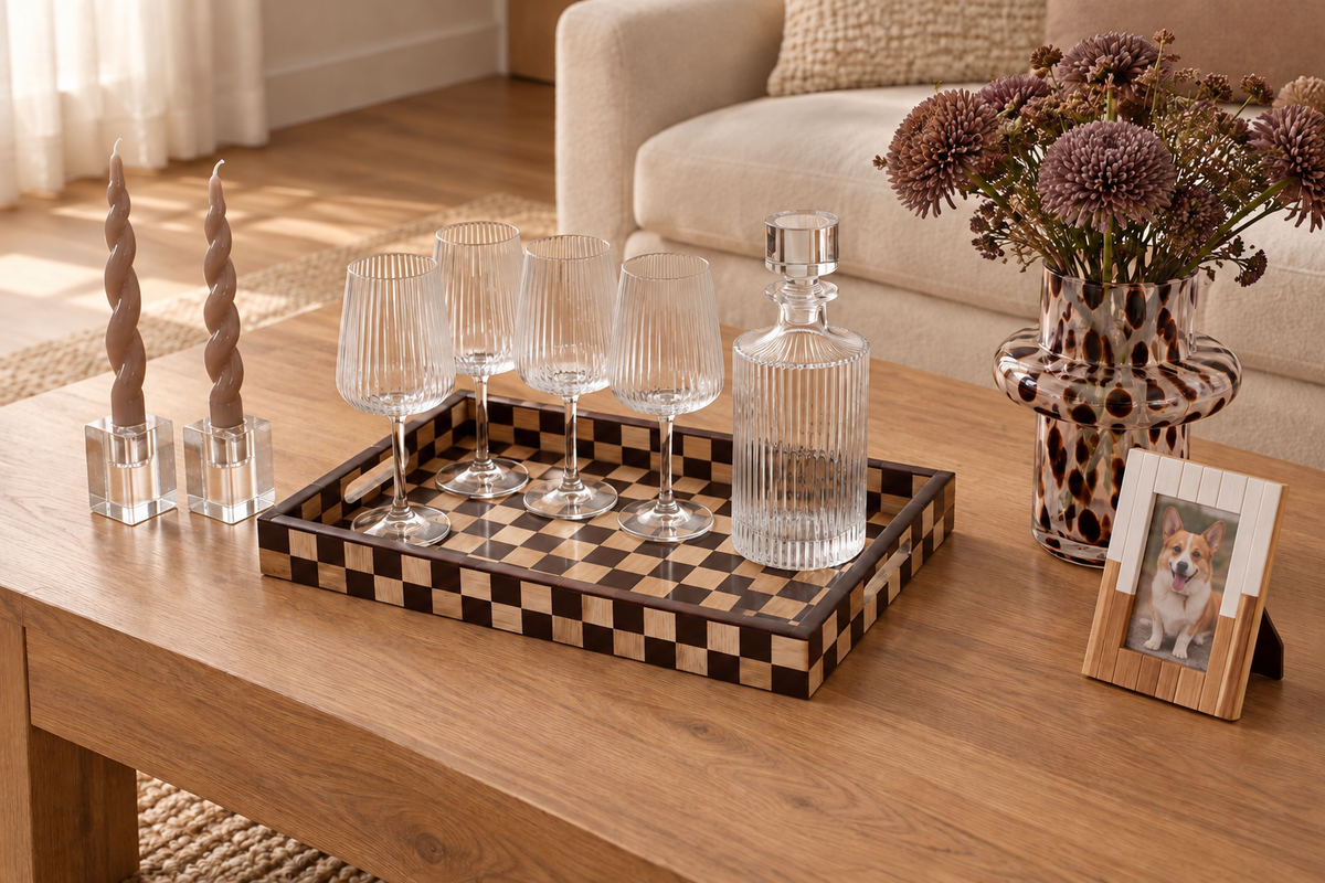 Coffee table styled scene with checkerboard tray, decanter, stemware and corgi frame