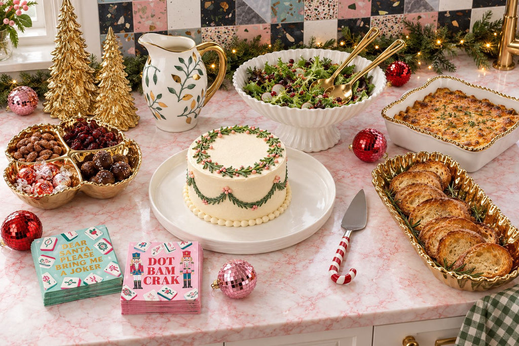 Christmas kitchen counter styled scene with gold serveware and holiday table decor