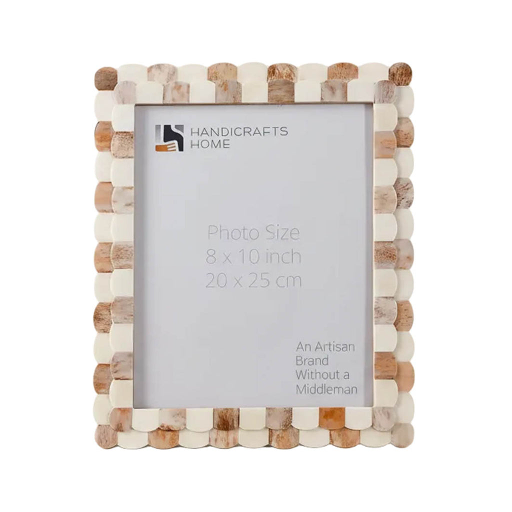 Scalloped Bone Inlay Round Frame, Brown and White