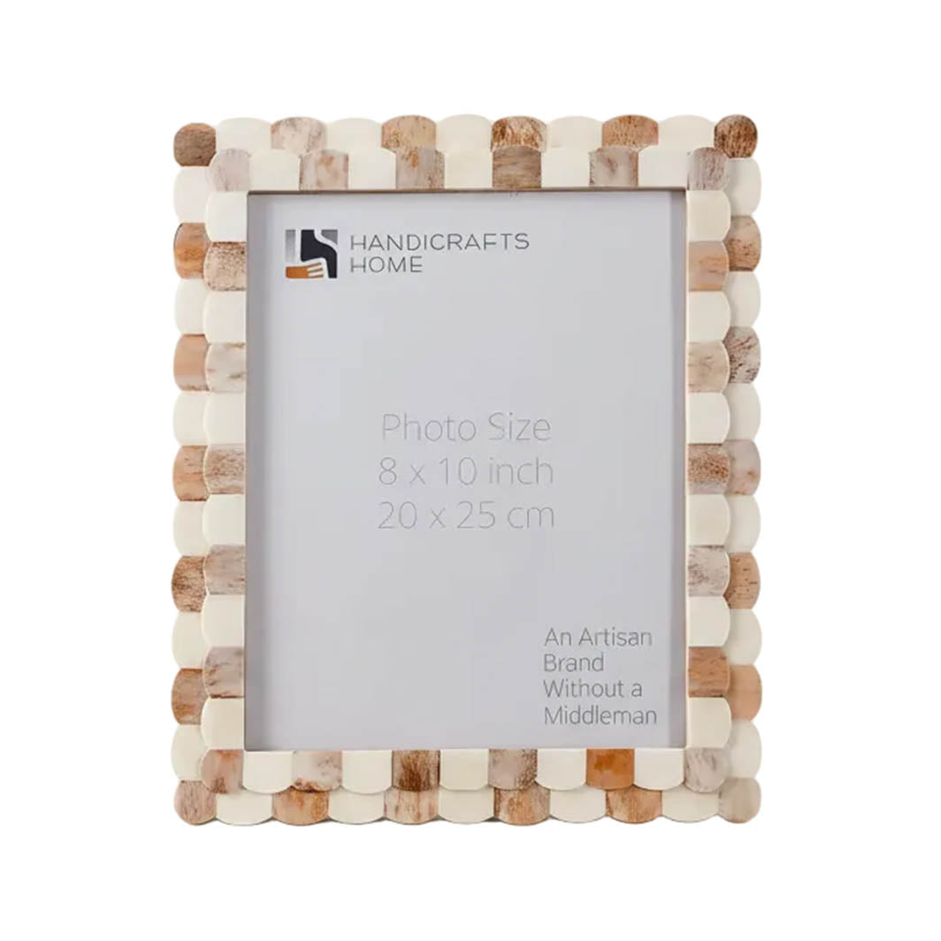 Scalloped Bone Inlay Round Frame, Brown and White