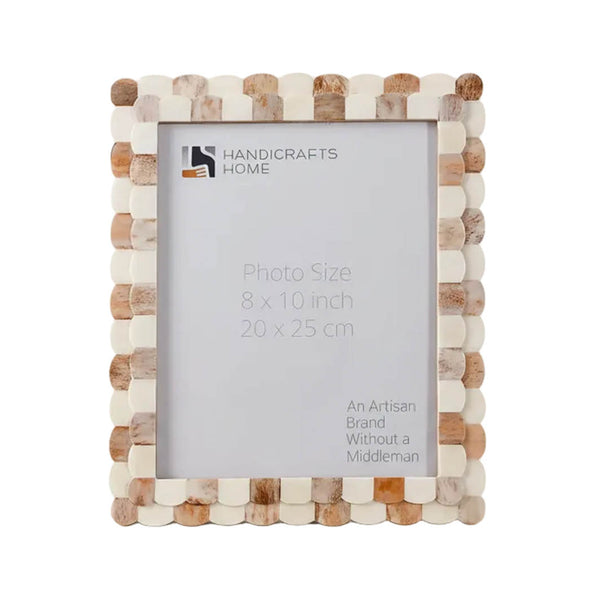 Scalloped Bone Inlay Round Frame, Brown and White