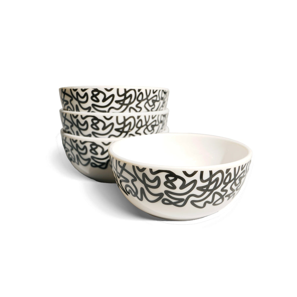 Black & White Squiggly Melamine Bowls, Set of 4