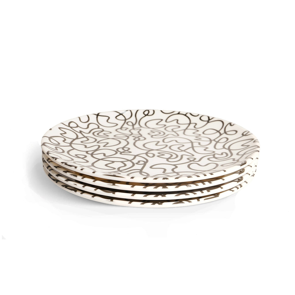 Black & White Squiggly Melamine Dinner Plates, Set of 4