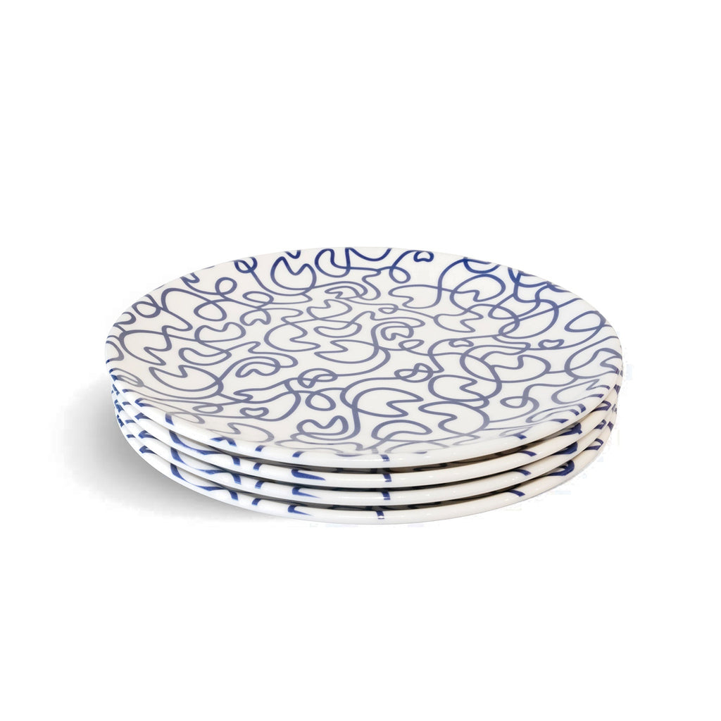 Navy Squiggly Melamine Dinner Plates, Set of 4