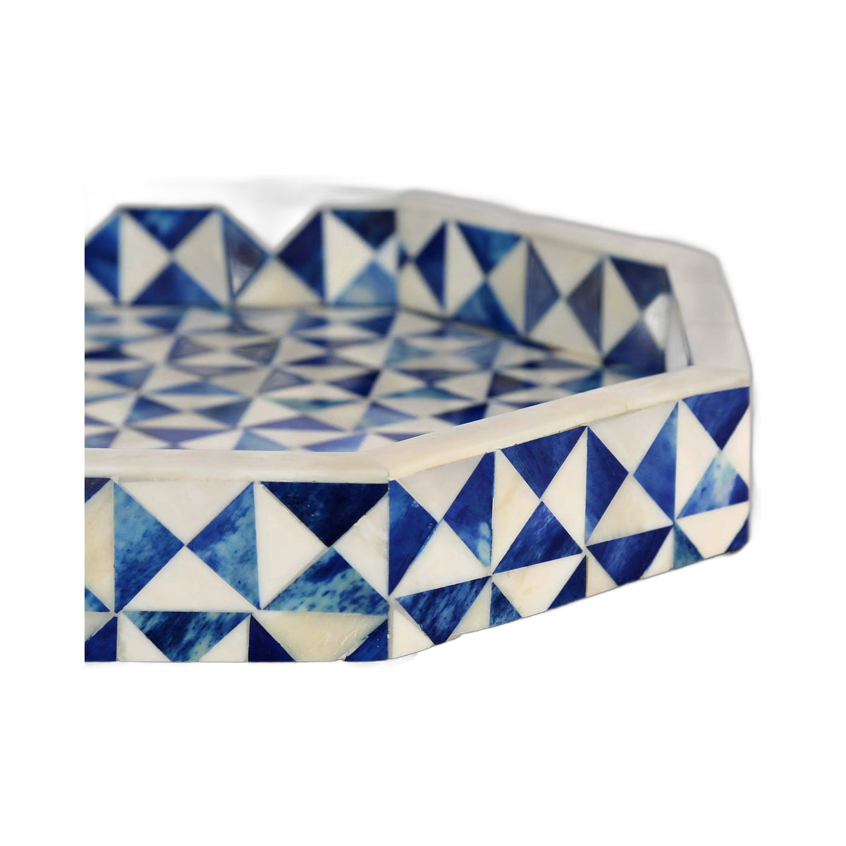 Ory Blue and White Octagonal Bone Inlay Tray, 12 in.