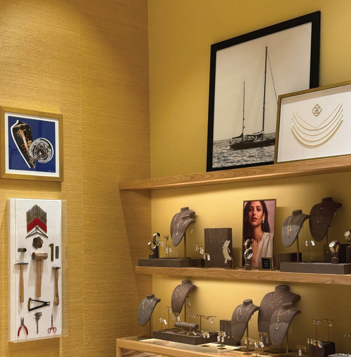 Jewelry display against a painted backdrop