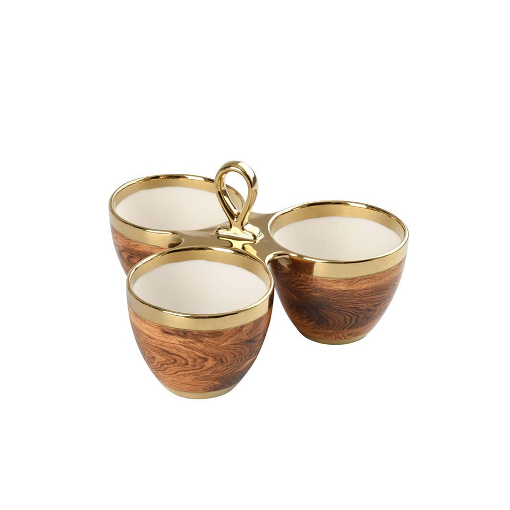 Madera Wood and Gold Three Part Server - white background product photo