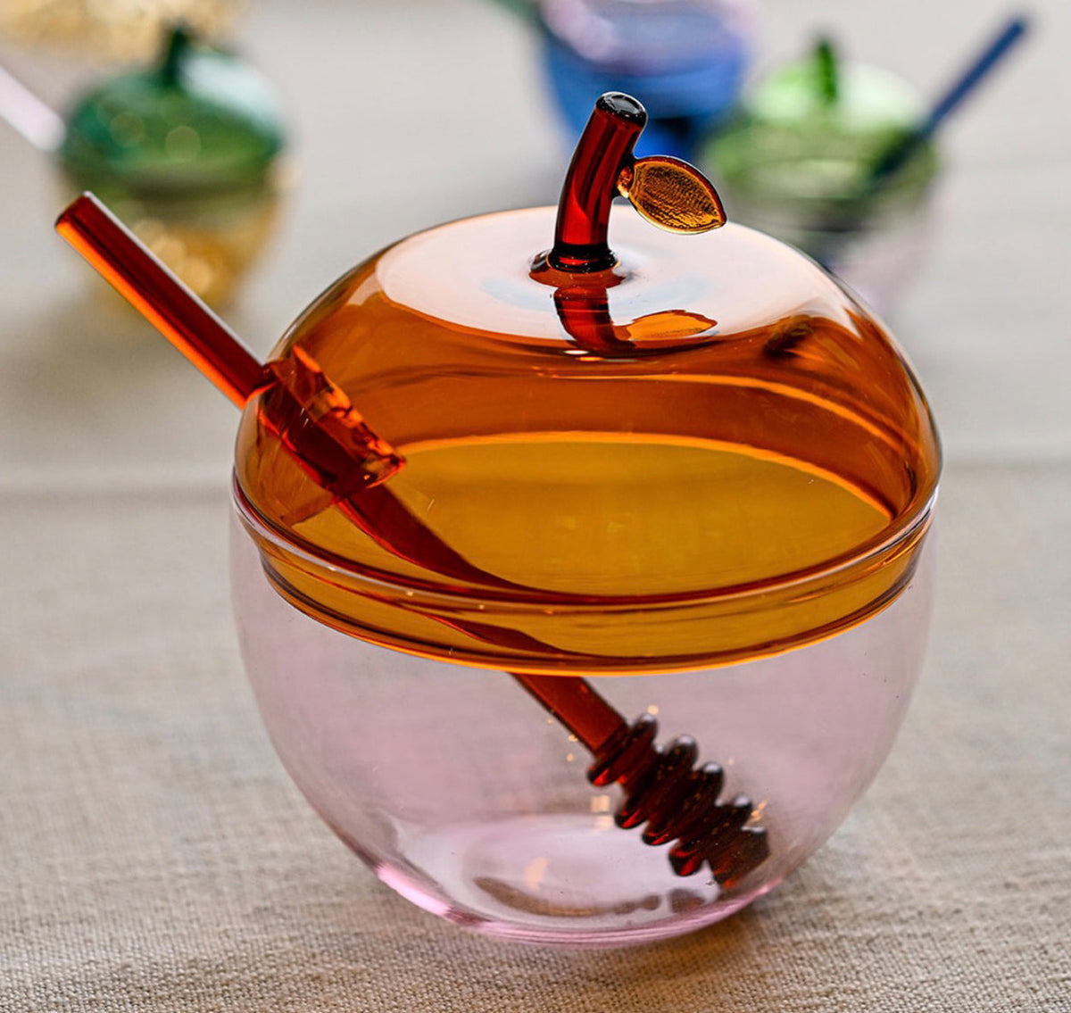 Pink and Amber Glass Honey Dish