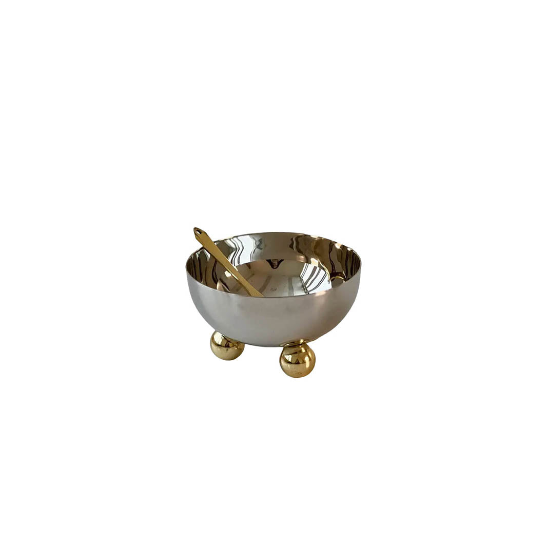 Stainless Steel Salt Bowl with Gold Balls and Spoon