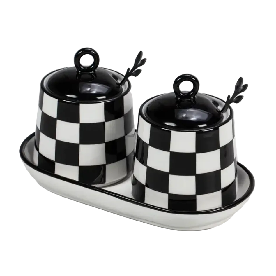 Checkered Porcelain Coffee and Sugar Jars
