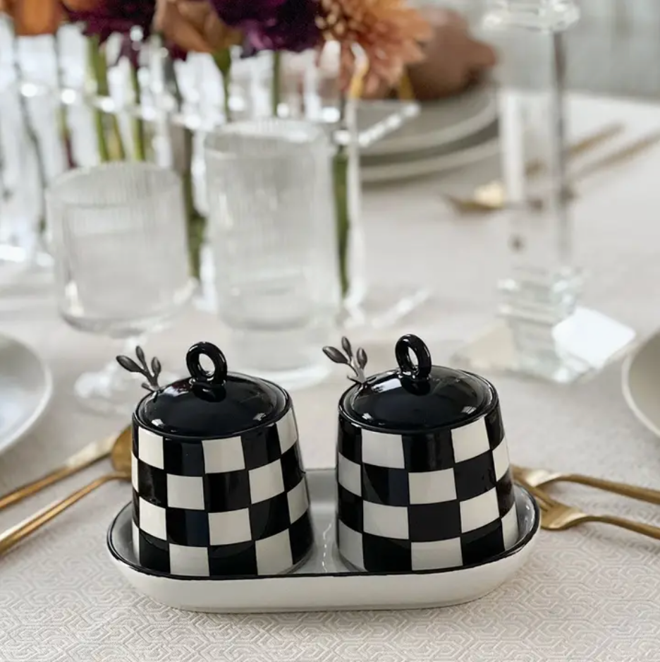 Checkered Porcelain Coffee and Sugar Jars