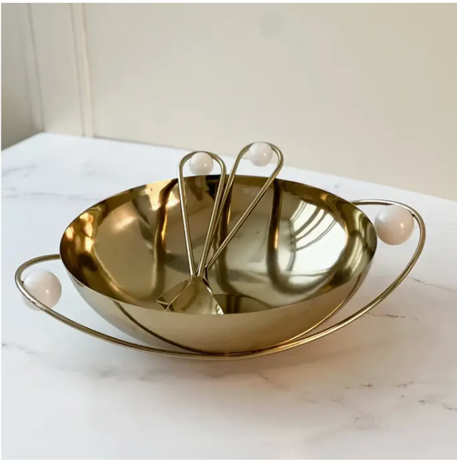 Stainless Steel Serving Bowl with Gold Handles and Balls