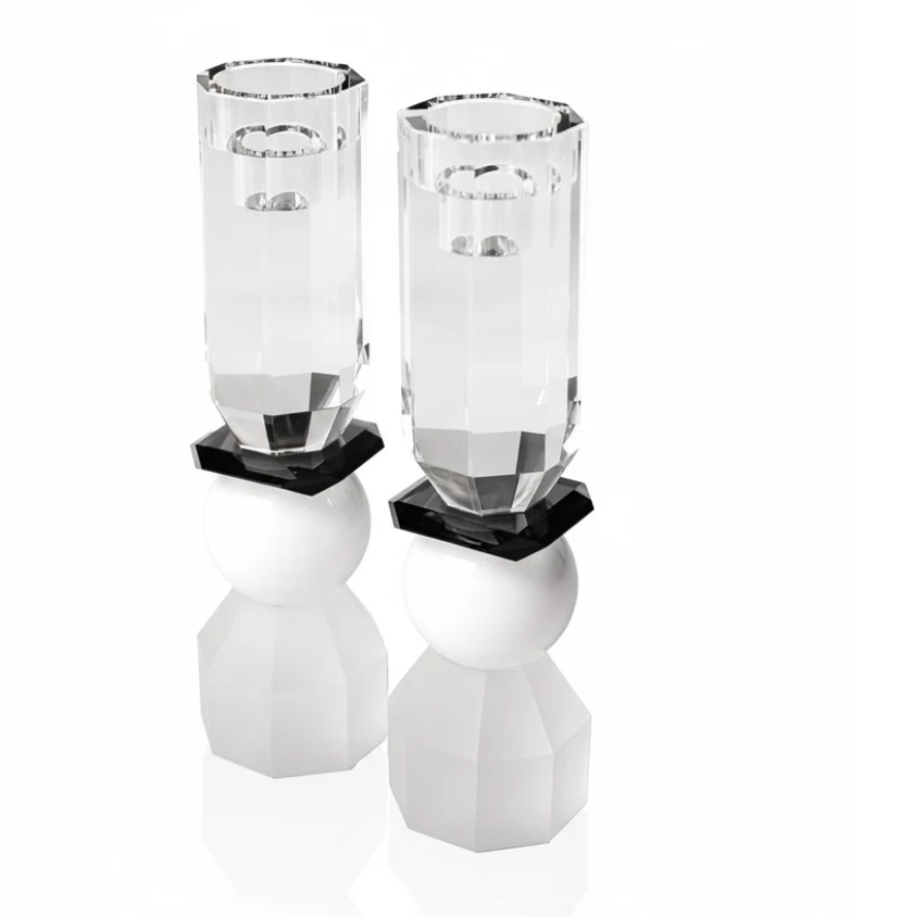 White and Black Tall Modern Cut Crystal Candlestick Holder