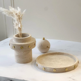 Travertine Round Tray with Gold Studs