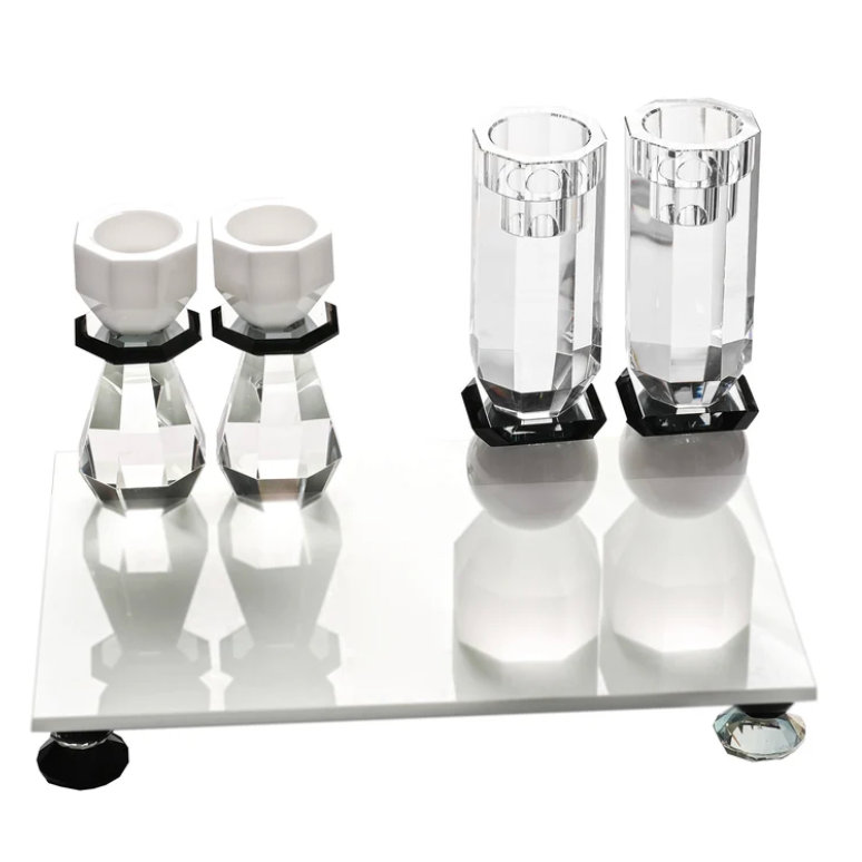 White and Black Modern Cut Crystal Candle Holder