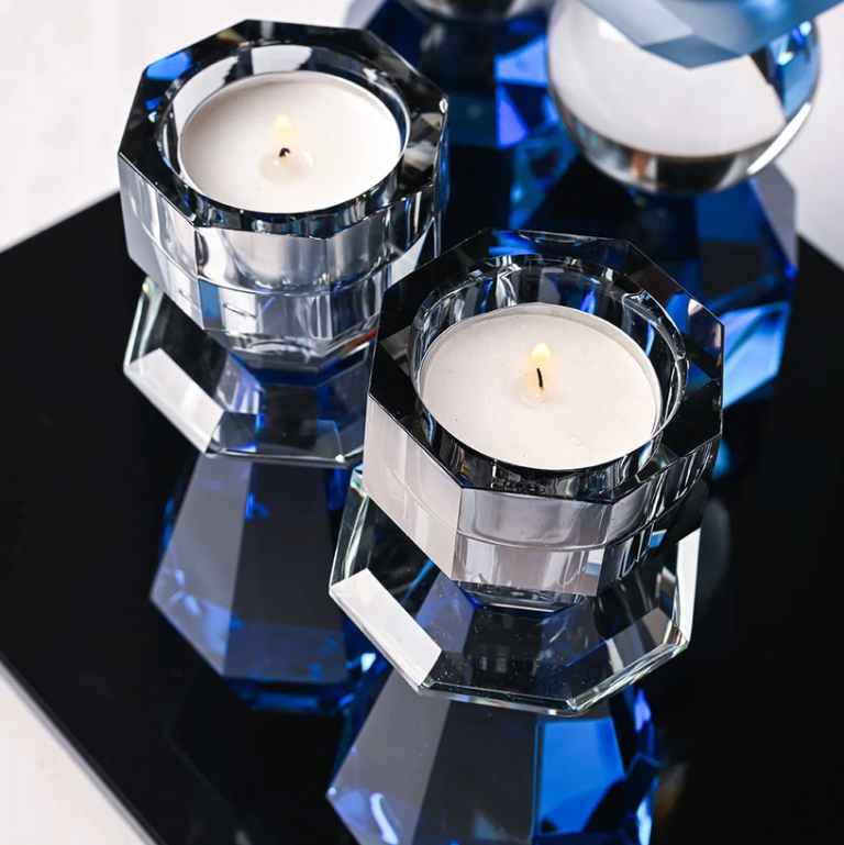 Cobalt and Smoke Modern Cut Crystal Candle Holder