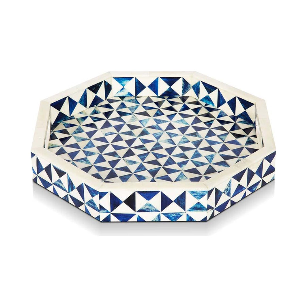 Ory Blue and White Octagonal Bone Inlay Tray, 12 in.