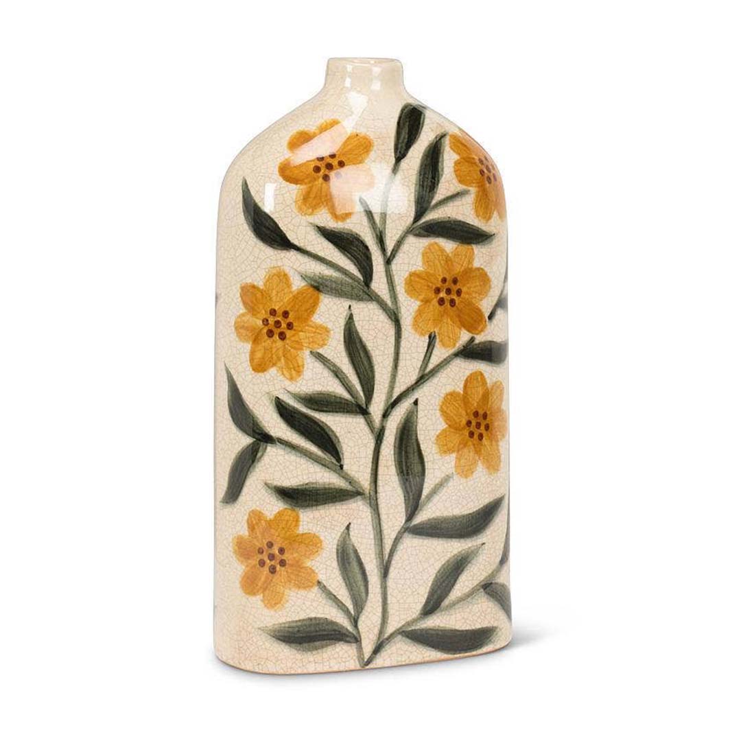 Yellow Floral Ceramic Flat Vase, Large
