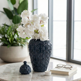 Decorative Jar - Blue Ceramic Chain Texture Lidded, 12 in.