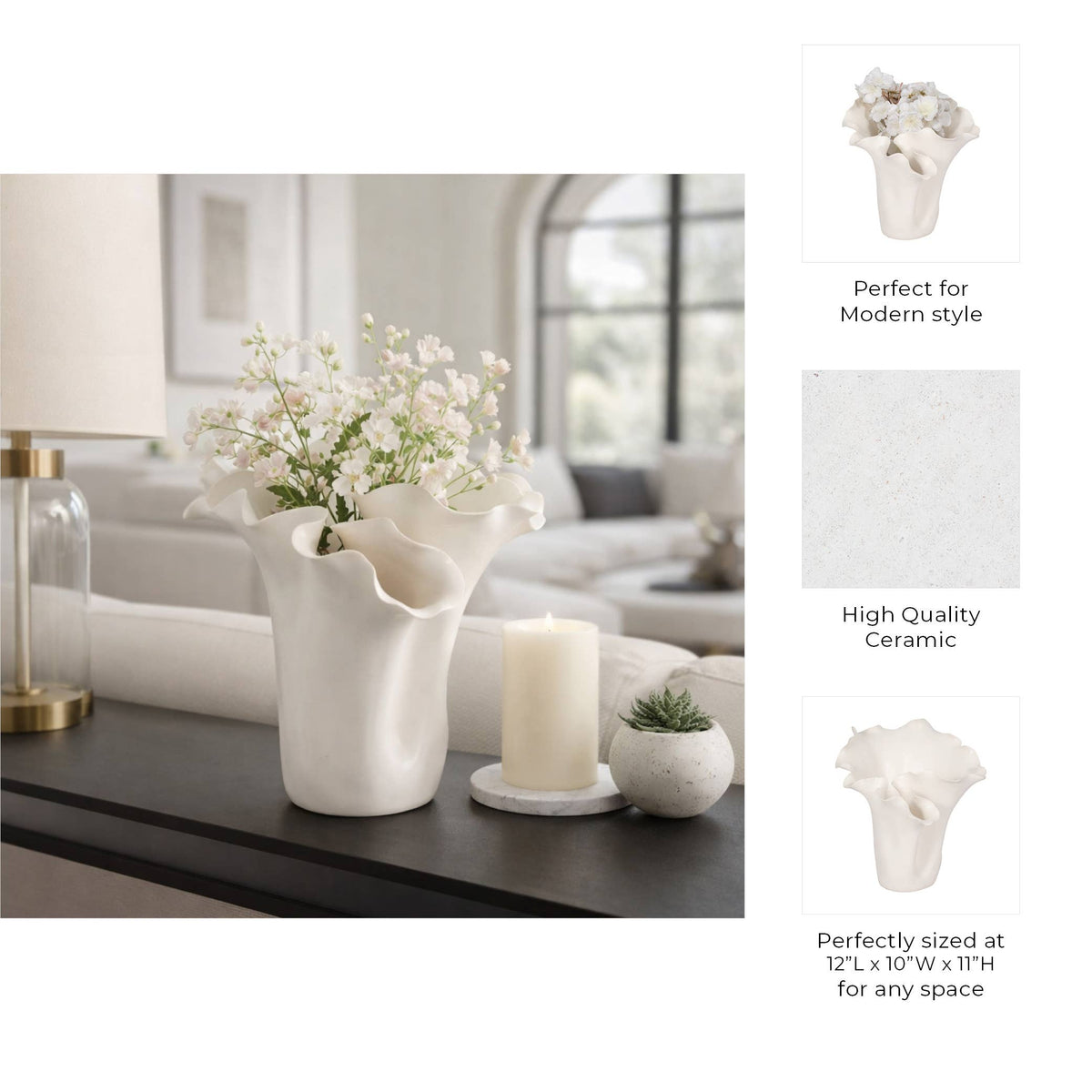 White Ruffled Edge Ceramic Vase, Medium