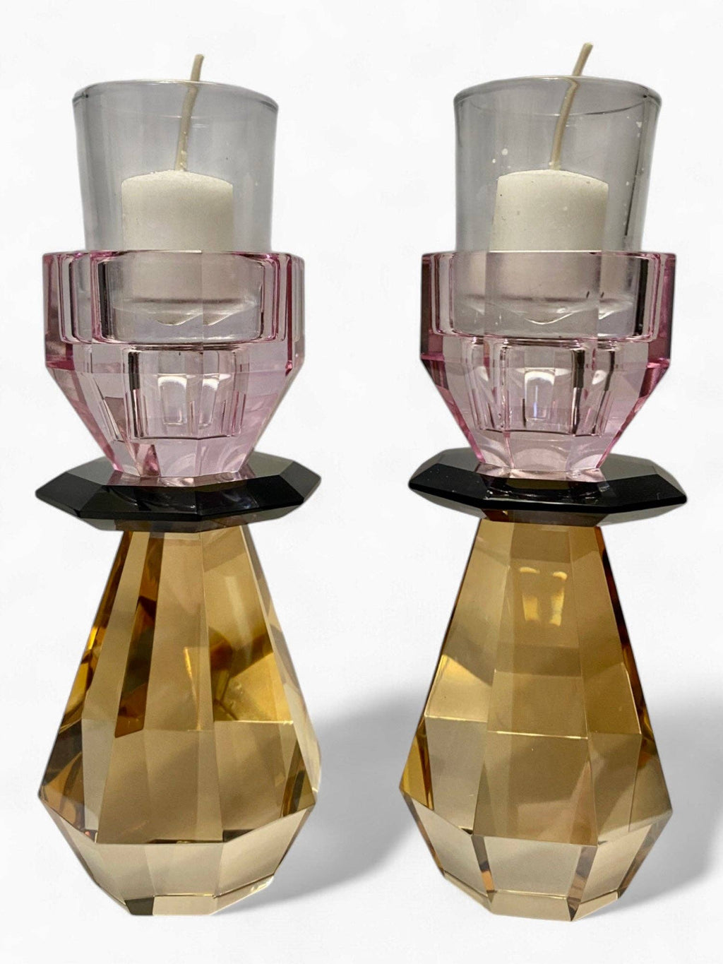 Pink and Amber Modern Cut Crystal Candle Holder