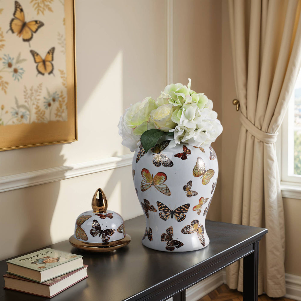 White and Gold Butterfly Lidded Jar, Medium