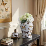 Decorative Jar- White/Gold Ceramic Tall Butterflies, 14.5in.
