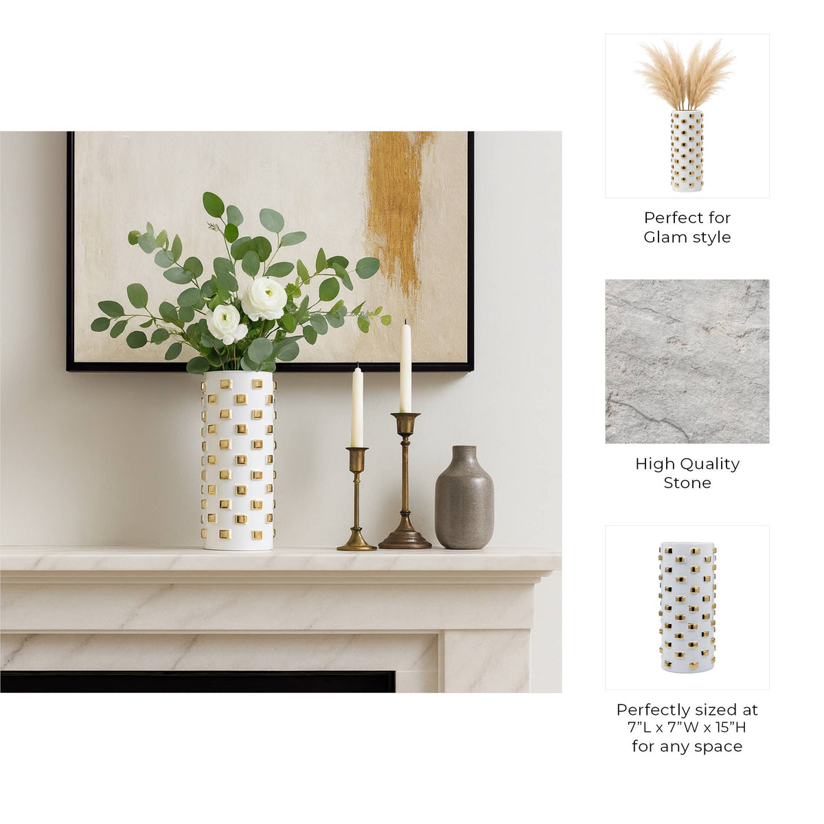 White and Gold Raised Dot Cylinder Vase