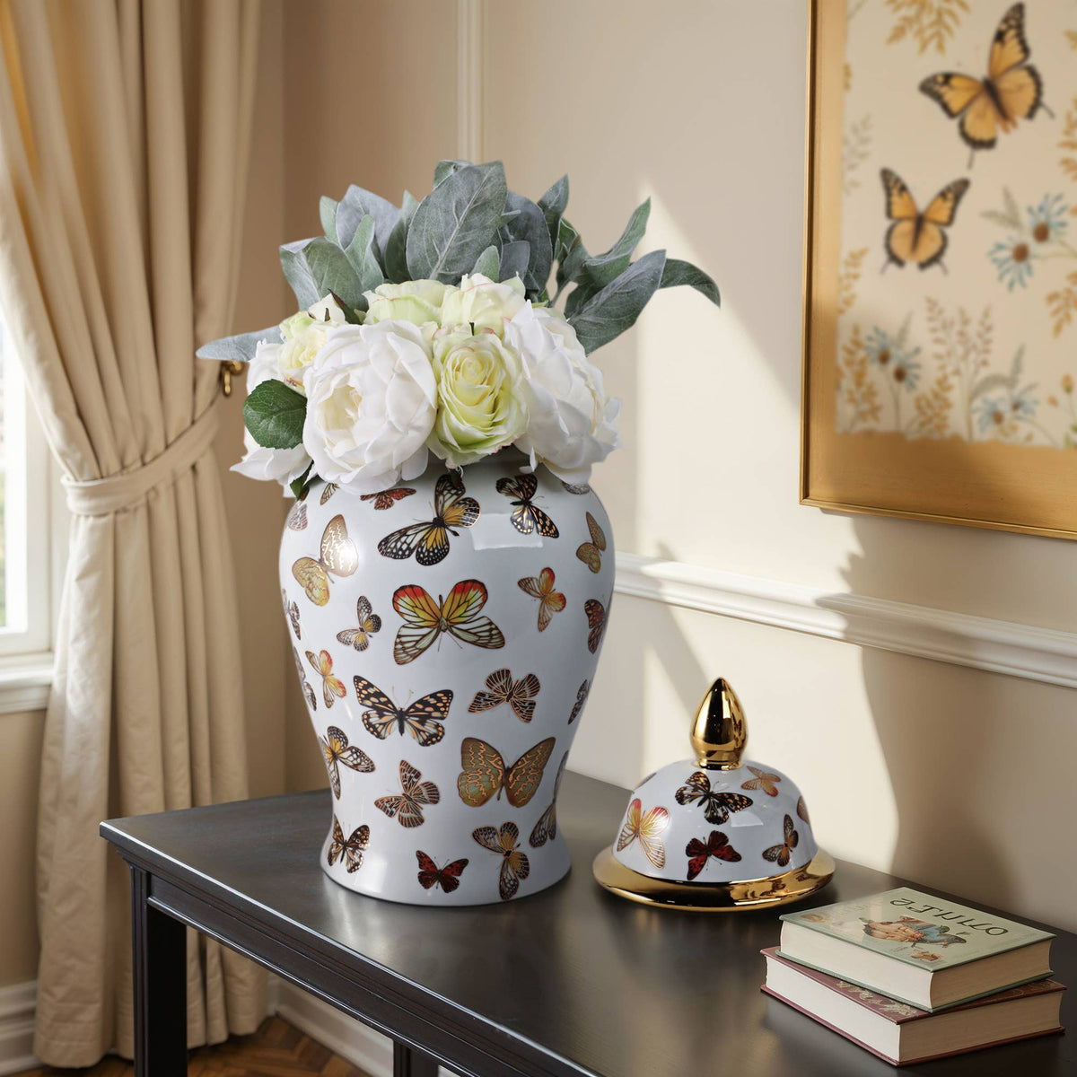 White and Gold Butterfly Lidded Jar, Large