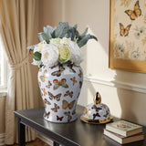 Decorative Jar- White/Gold Ceramic Tall Butterflies, 18 in.