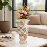 Decorative Vase - Brown/White Ceramic Bird and Vines, 12 in.