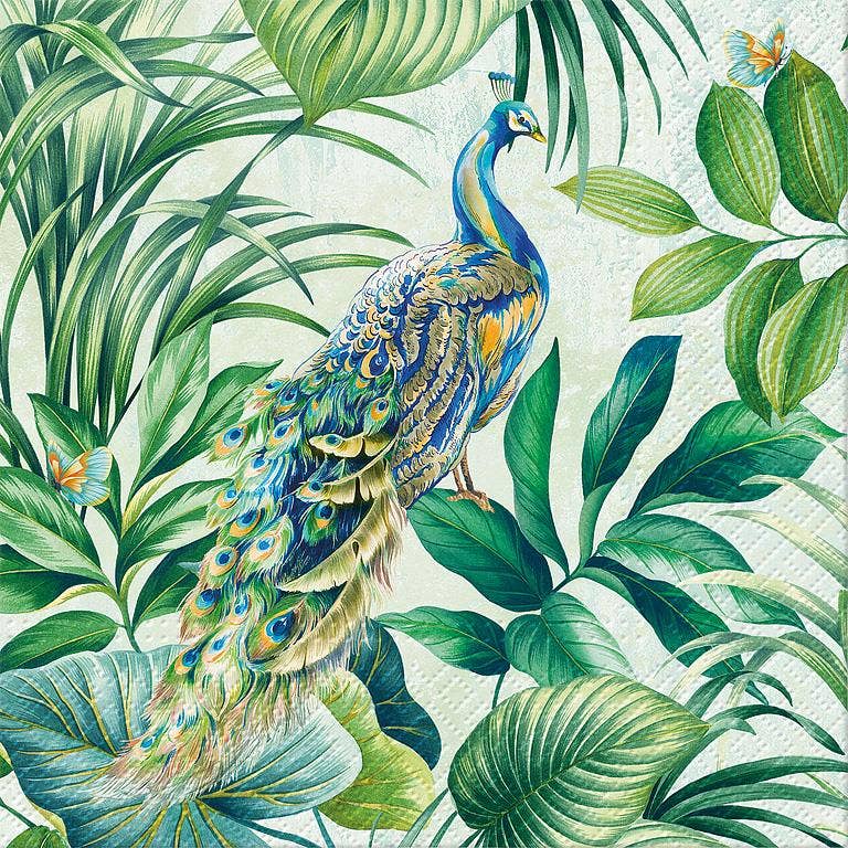 Green Peacock Paper Napkins, Set of 20