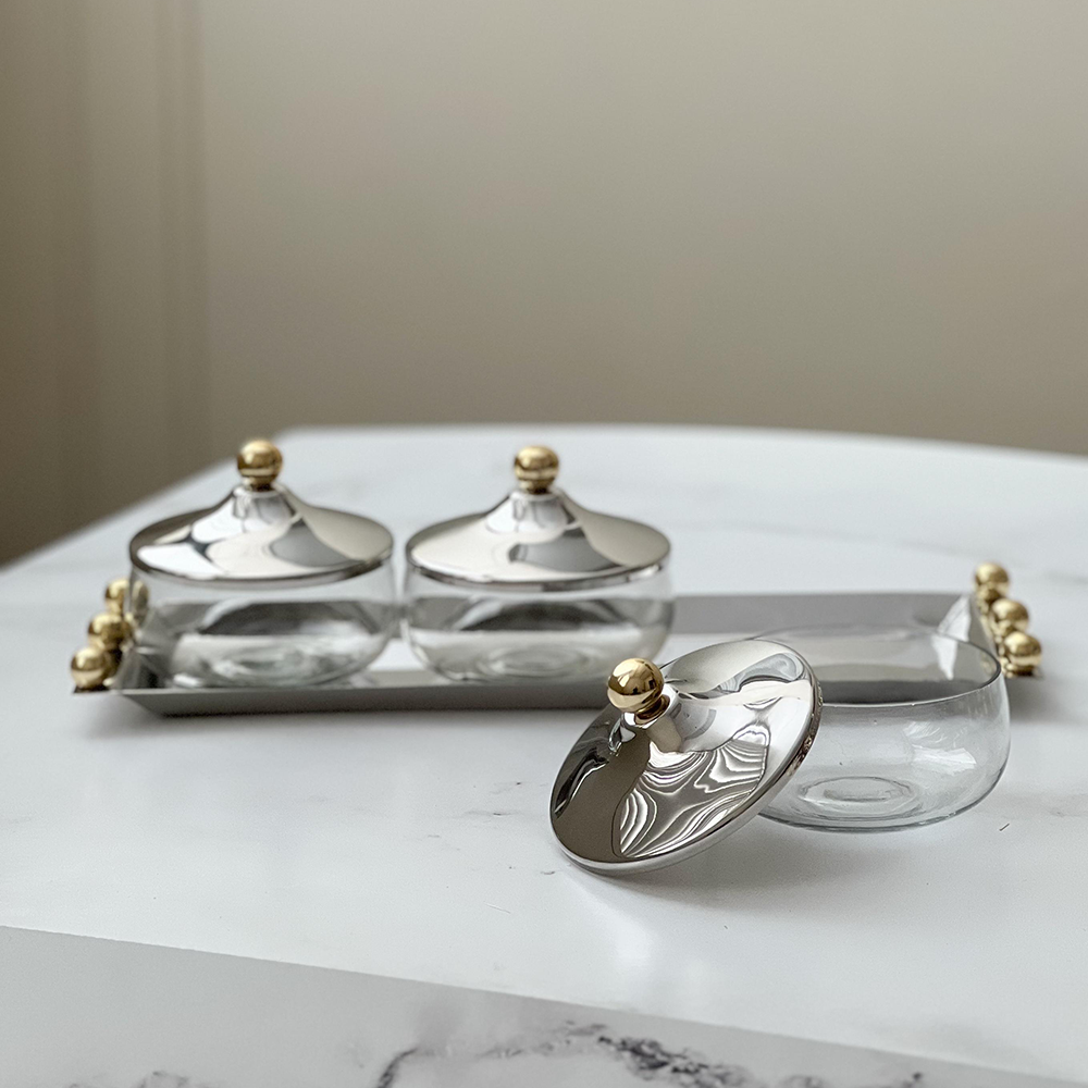 Stainless Steel Dip Tray and Bowls with Gold Balls